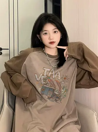 插肩袖小众高级感撞色长袖T恤女秋冬新款宽松百搭小个子上衣ins潮图片