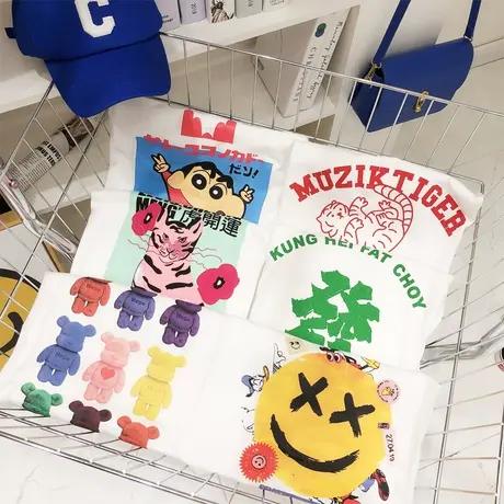 韩国东大门ins超火上衣2022春新款印花潮流白色T恤打底衫欧货大码图片