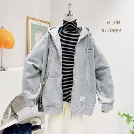 2022秋冬银狐绒连帽开衫外套女韩版字母百搭运动休闲加厚卫衣大码商品大图