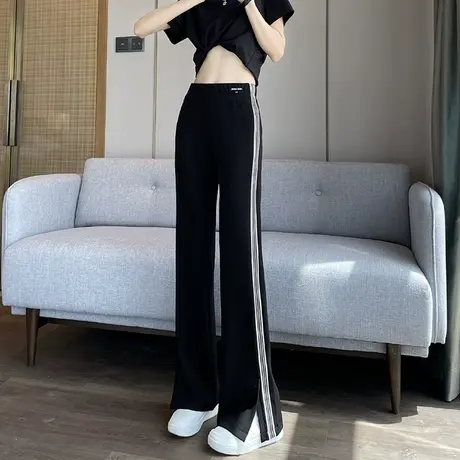 黑色喇叭裤女春秋新款高腰垂感修身显瘦开叉条纹运动休闲裤微喇裤商品大图