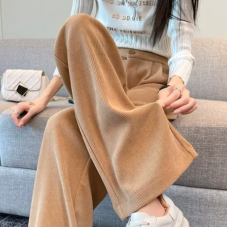 灯芯绒裤子女秋冬新款高腰垂感显瘦宽松直筒雪尼尔条绒休闲阔腿裤商品大图