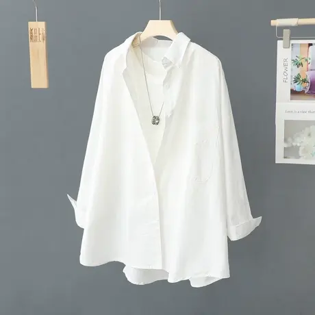 纯棉宽松慵懒风韩版休闲外套衬衫女长袖外搭上衣中长款纯色衬衣潮商品大图