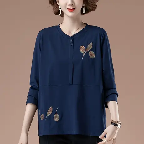 春秋加肥加大码女装长袖t恤薄款宽松纯棉中年妈妈百搭显瘦打底衫商品大图