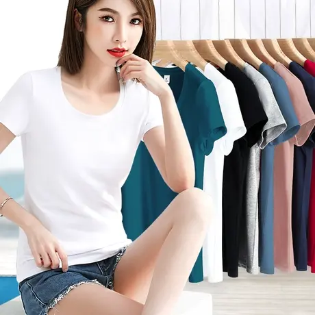 白色短袖t恤女圆领修身夏季纯棉半袖常规体恤上衣纯色正肩打底衫图片