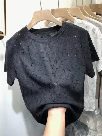 镂空雪纺衫女短袖2023春季新款洋气小衫半袖蕾丝上衣韩风chic打底图片