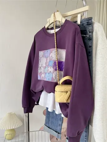 2023秋冬爆款小象印花保暖上衣外套加绒加厚纯棉圆领港版女卫衣潮商品大图