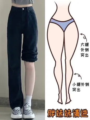 梨型身材直筒牛仔裤女秋冬装大码胖mm春秋高腰显瘦宽松阔腿拖地裤商品大图