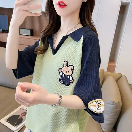 小众设计感短袖t恤女夏季韩版宽松大码小个子百搭翻领polo衫上衣图片