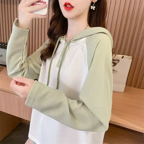 早秋连帽卫衣女春秋季韩版宽松薄款撞色小个子百搭学生华夫格外套图片