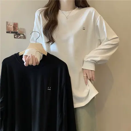 ins超火加绒加厚德绒长袖T恤女秋冬宽松显瘦刺绣打底小衫内搭上衣商品大图