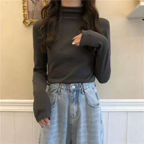 秋冬半高领内搭洋气百搭白色长袖t恤加绒保暖上衣德绒打底衫女装商品大图