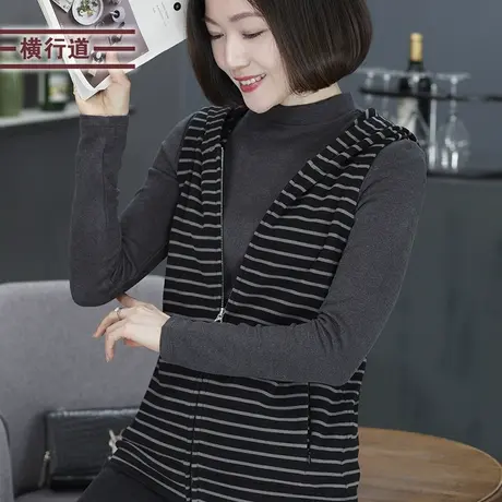 2025春装新款连帽条纹无袖背心马甲带帽大码中年外套女装拉链上衣商品大图