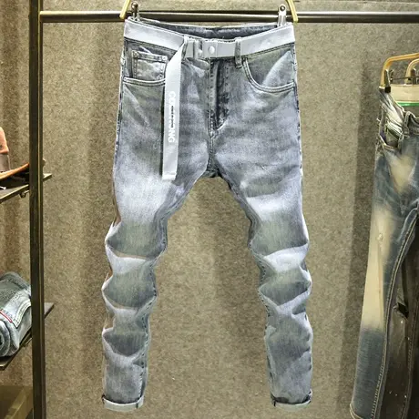 九分夏季薄款牛仔裤男款潮流猫须工艺修身裤子男士弹力休闲小脚裤图片