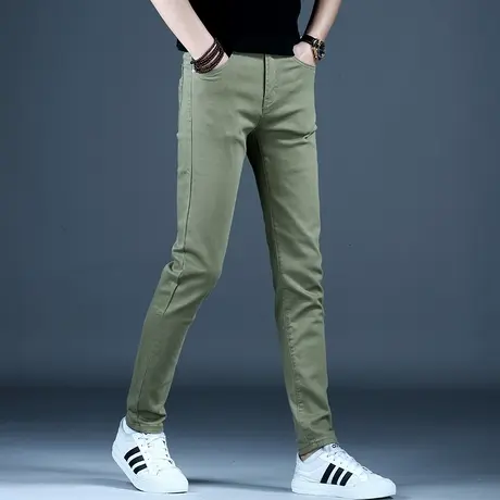 男士秋冬潮流绿色休闲牛仔裤男款修身小脚裤子男2023新款弹力百搭商品大图