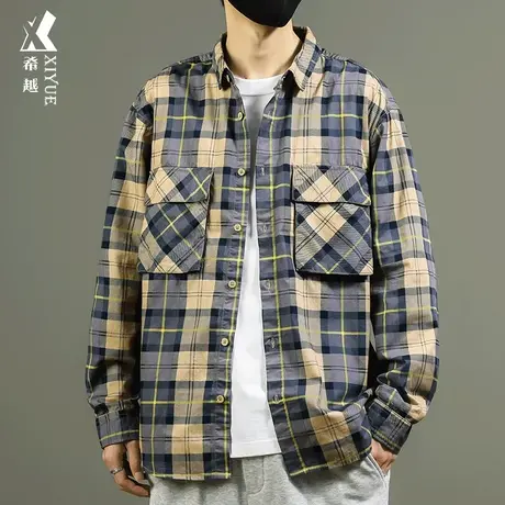 希越纯棉格子衬衫秋冬男士日系复古衬衣宽松大码小众设计潮流外套商品大图