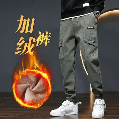 冬季羊羔绒军绿色工装休闲长裤男士束脚宽松加绒加厚男裤子秋冬款商品大图