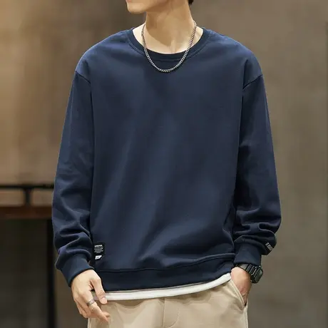 春季男士潮牌假两件圆领卫衣春秋款纯色重磅长袖上衣2024新款春装商品大图