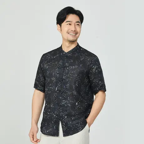 亚麻衬衫男休闲短袖宽松印花夏季中国风男装立领男士上衣棉麻衬衣商品大图