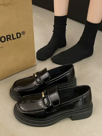 英伦风小皮鞋女2023新款秋季女鞋子黑色厚底乐福鞋一脚蹬平底单鞋商品大图
