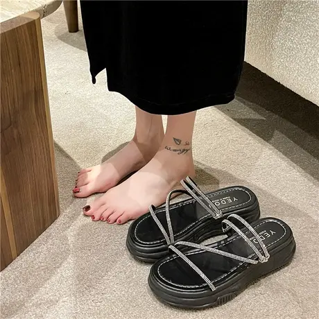 两穿凉鞋女2024年夏季新款网红超火水钻一字带防滑厚底外穿凉拖鞋商品大图