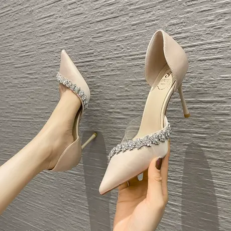 尖头细跟单鞋女2024夏季新款透明拼接水钻高跟鞋性感浅口职业单鞋商品大图