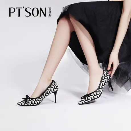 百田森秋新款尖头细跟千鸟格蝴蝶结仙女显瘦高跟鞋PTS图片