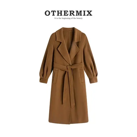 othermix宽松双面毛呢大衣女2023秋冬新款羊毛羊绒中长款毛呢外套图片