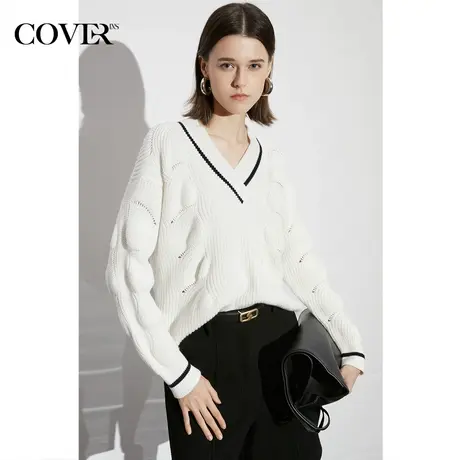COVER2023春季镂空羊毛宽松落肩V领毛衣商品大图