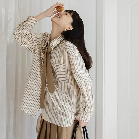 omont蛋挞家 复古经典条纹长袖衬衫女春秋新款设计感宽松垂感衬衣图片