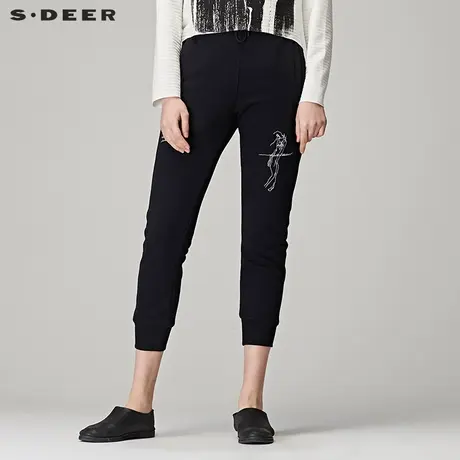 sdeer圣迪奥2018秋装休闲运动写意印花抽绳收腰松紧长裤S17380844商品大图