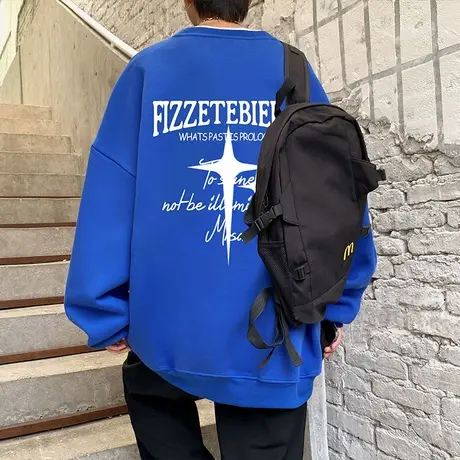 加绒加厚oversize圆领卫衣男潮流宽松情侣休闲无帽上衣秋冬季套头商品大图