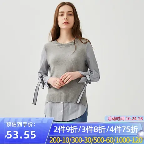 秋水伊人春装新品韩版女装个性假两件系带圆领长袖针织衫图片
