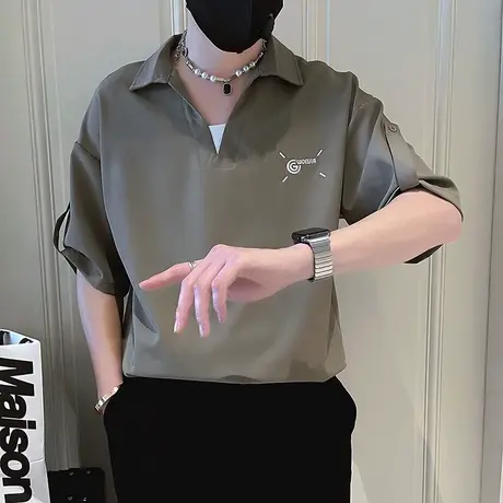 短袖衬衫夏季小众拼接假两件中袖衬衣2023新款潮男发型师个性上衣商品大图