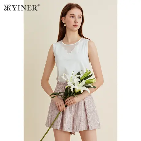 *YINER音儿女装2021春季新款蕾丝拼接无袖针织T恤商品大图