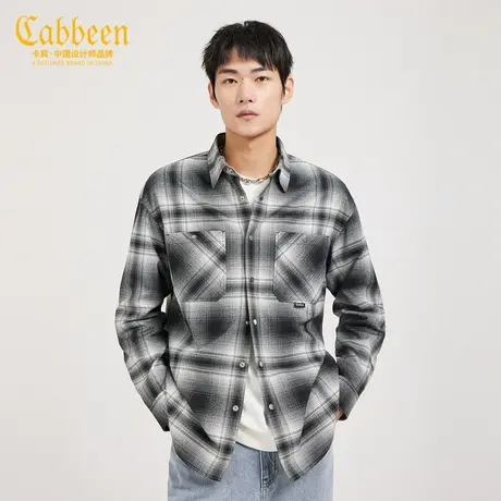 Cabbeen卡宾男装翻领长袖休闲衬衫秋新款渐变格纹时尚贴袋H商品大图