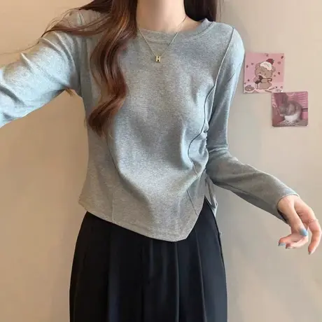 韩版圆领纯版简约长袖t恤女秋季新款别致抽绳不规则修身短款上衣商品大图