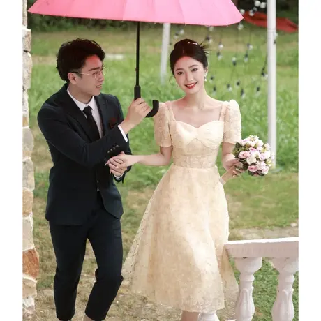 香槟色敬酒服2023新款新娘订婚礼服女夏季回门法式蓬蓬裙连衣裙商品大图