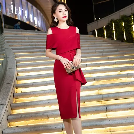 红色小礼服裙夏季晚礼服女洋装气质平时可穿宴会连衣裙新娘敬酒服商品大图