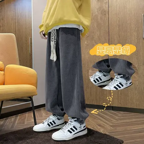 港风复古雪尼尔裤子男秋冬季潮牌ins束脚美式高街纯色休闲裤潮流商品大图