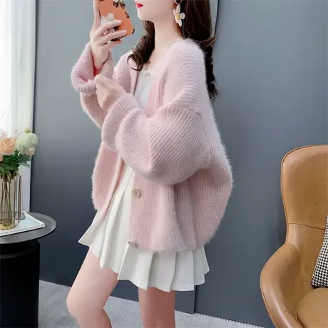 温柔风软糯粉色针织开衫女春季2023年新款加厚小个子毛衣外套上衣商品大图