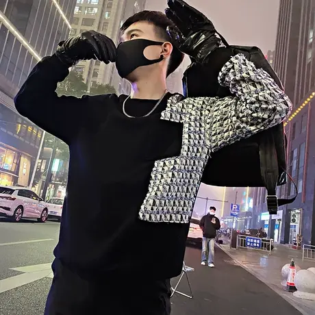 设计感撞色拼接卫衣男春季2024新款潮牌重磅春款外套上衣长袖T恤商品大图