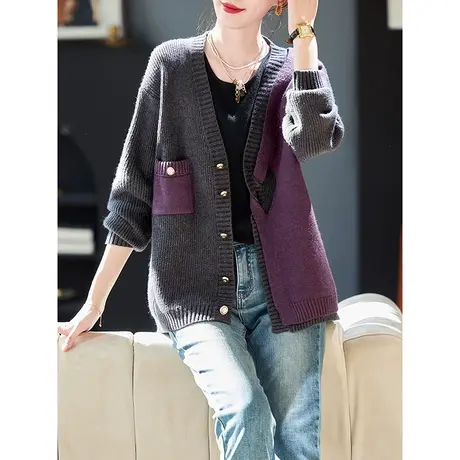 宝诗黎V领宽松针织开衫外套2024新款设计感拼接撞色慵懒短上衣女商品大图