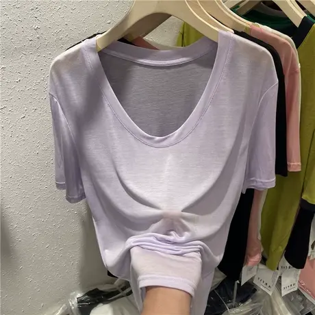 欧货低圆领轻薄天丝羊毛短袖T恤女2024夏季新款休闲打底衫上衣潮图片