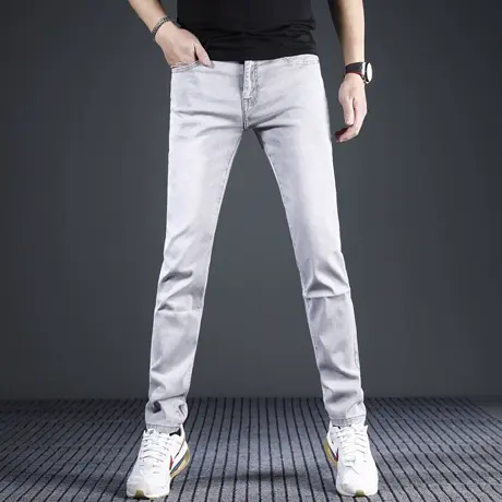 美式潮牌牛仔裤男款修身小脚2024新款浅灰色夏季薄款休闲男士裤子商品大图