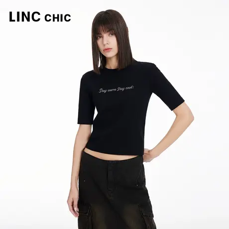 LINC金羽杰短袖女T恤夏五分袖简约圆领半袖修身正肩T恤女上衣084Y商品大图