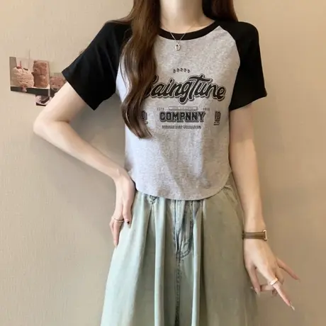 小个子短款插肩撞色短袖T恤女夏季修身短款半袖上衣内搭打底小衫商品大图