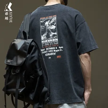 希越动漫印花复古水洗短袖T恤潮男2024春季新款宽松大码男士上衣商品大图