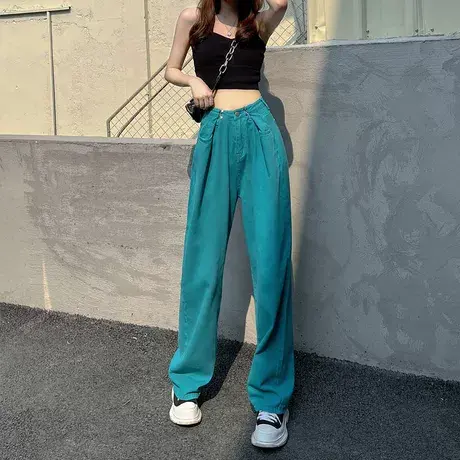 辣妹牛仔裤女夏季薄款ins潮高街拖地阔腿高腰垂感宽松直筒长裤子图片