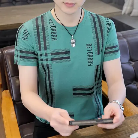 潮牌欧货圆领夏款大码百搭短袖打底衫t恤男修身洋气纯棉学生上衣T商品大图