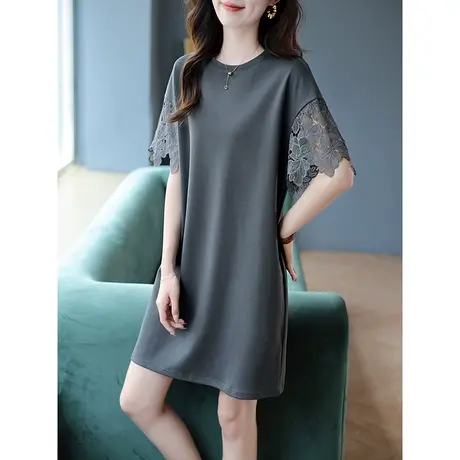 宝诗黎圆领蕾丝拼接小黑裙夏季短袖2024新款直筒减龄棉质连衣裙子图片